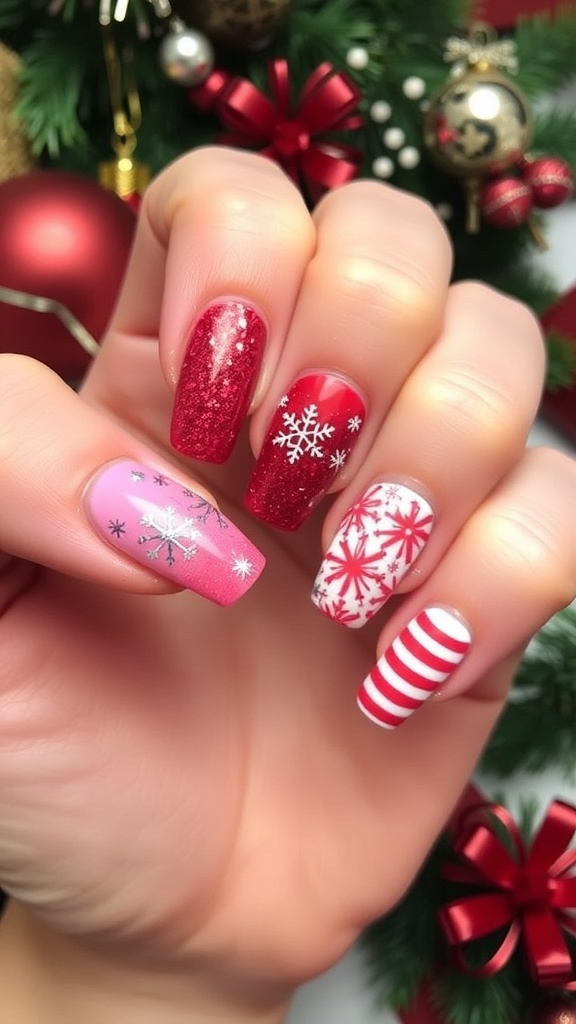A collection of Christmas nail art designs with red glitter and pink accents, showcasing festive patterns.